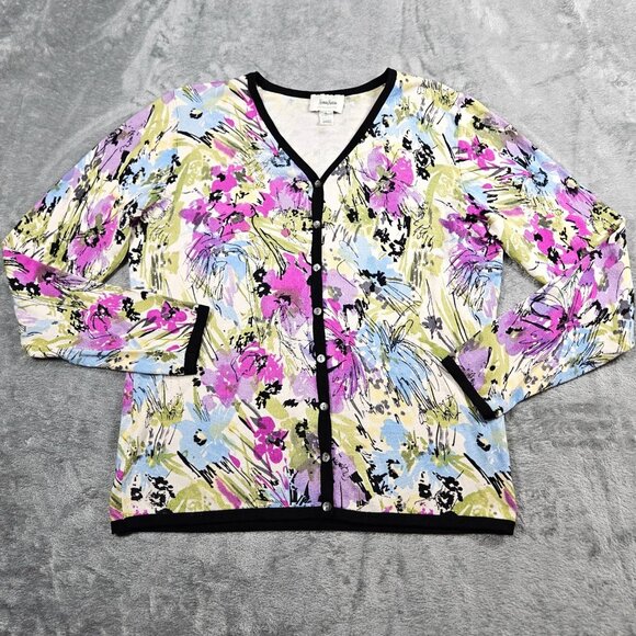 Neiman Marcus Cardigan Womens Large Purple Watercolor Floral Silk Blend Preppy - Picture 2 of 6